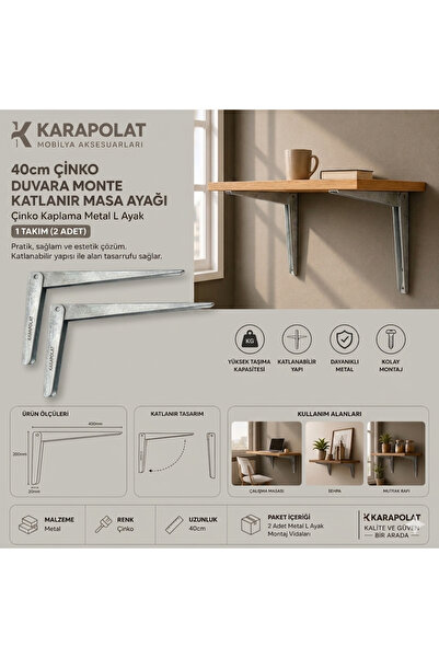 KARAPOLAT 40 cm Duvara Monte Katlanır Masa Ayağı Çinko 2 Adet (1 Takım) | Met...