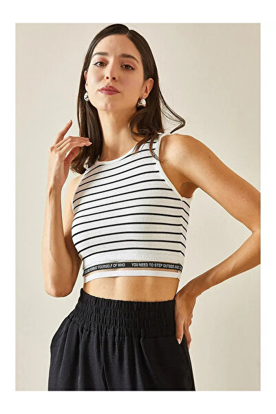 diğer1234 Ριγέ Αμάνικο Crop Top με Λάστιχο στο Τελείωμα — M