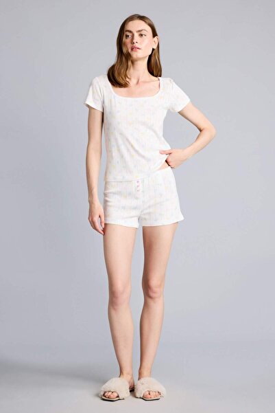 DeFacto Regular Fit Crew Neck Short Sleeve 2-Piece Ecru Shorts Pajama Set H63...