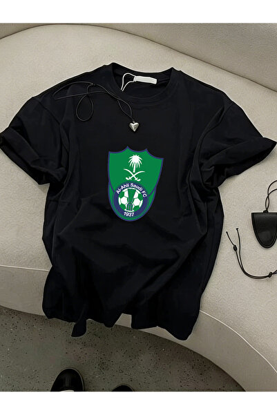 SAUDI Men’s Loose Oversized Black T-Shirt, Minimal Al Nassr FC Crest Logo Pri...