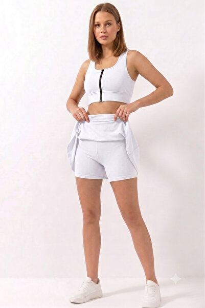 EMFURE Beyaz Yüksek Bel Çift Katmanlı Mini Etek Tenis Eteği ve Fermuarlı Büstiyer Crop Takım