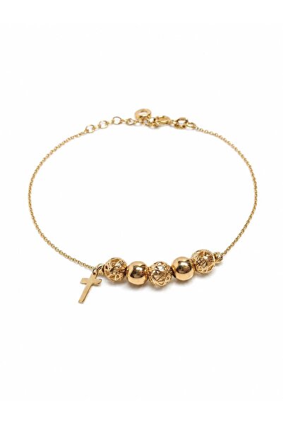 Aur 585 Brățară damă din aur galben 14K cu bile și cruce, 19 cm, 2,02 g