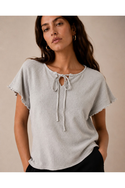 just wear zt Women's Slit Detailed Lace-Up Collar Comfortable Fit Blouse