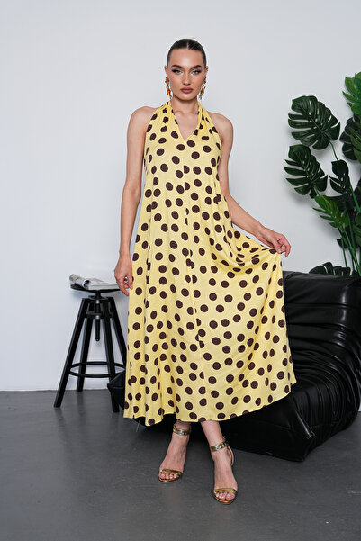 NAVY Halter Neck Backless Polka Dot Long Dress