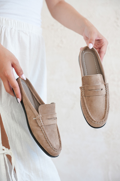 Esilapark Beige Suede Loafer Slippers Hand-Sewn Anti-Slip Sole Comfortable fo...
