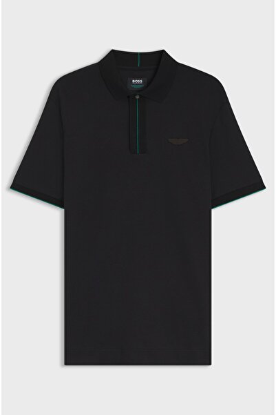 BOSS Erkek Düğme Kapama Kısa Kol Düz Regular Fit Siyah Polo Yaka T-Shirt