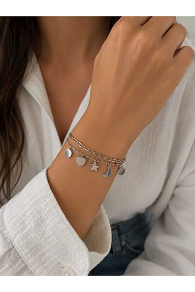Valmont Silver Charm Bracelet – Double Row Women's Bracelet with Heart, Star,...