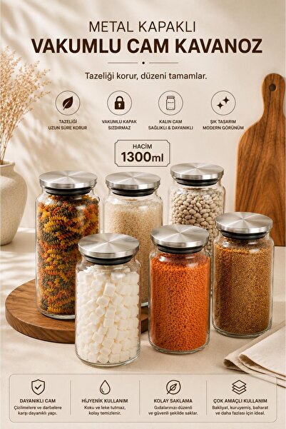 Tercih Home 6 قطع برطمانات زجاجية سعة 1300 مل بأغطية معدنية - حاوية تخزين - ب...