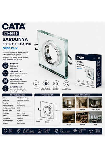 Cata CT-6556 Sardunya Dekoratif Cam Spot GU10 Şeffaf Cam Krom Tavan Armatürü