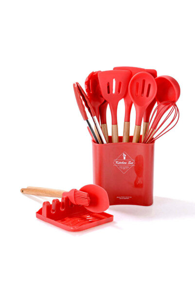 Vivendo Set 13 ustensile de gatit din silicon, maner bambus, suport linguri