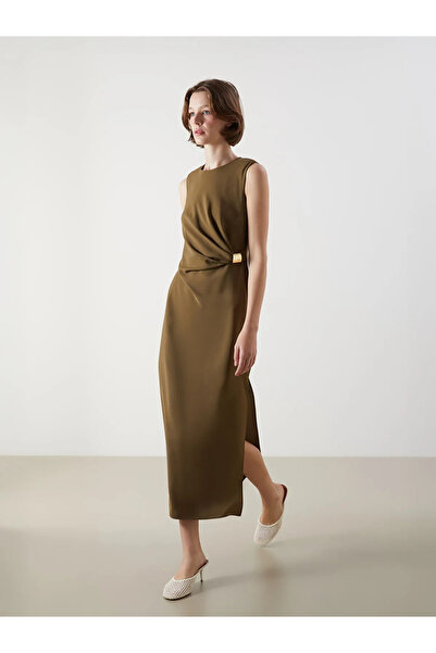 LC Waikiki Khaki Crew Neck Gathered Crepe Dress