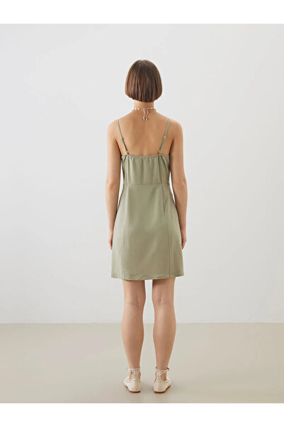 LC Waikiki Khaki Heart Collar Rope Strap Linen Blend Mini Dress