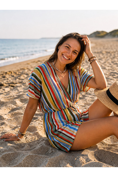 MODA MAGAZİN İSTANBUL Kadın Plaj Elbisesi Pareo Tulum Renkli Çizgili Bohem Kr...