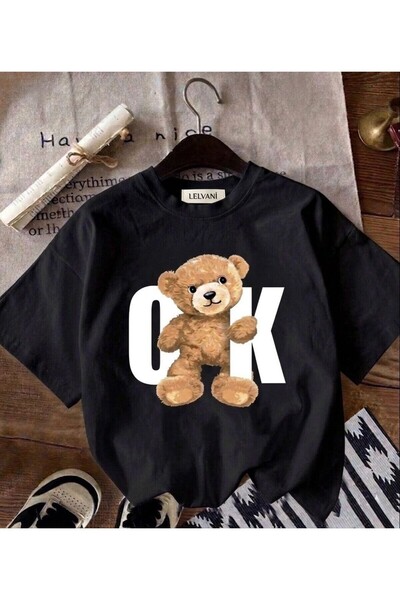 LELVANİ Women's Arrow Printed Bear Printed Crewneck T-Shirt