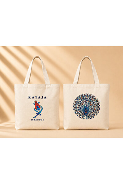 KATAJA İkonik Desenli Kanvas Bez Çanta - Günlük Kullanım, Alışveriş ve Plaj Ç...