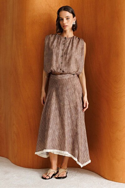 Mixray 4912 Women's Linen Textured Tassel Asymmetrical Bohemian Skirt Set Brown