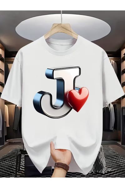 LİNA06 Men's Light Blue T-Shirt with J-Initial Heart Print - Short Sleeve Cre...