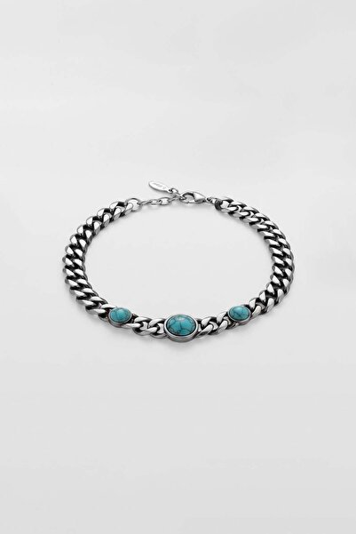 ablukaonline Men's Turquoise Stone Embellished Steel Bracelet Silver