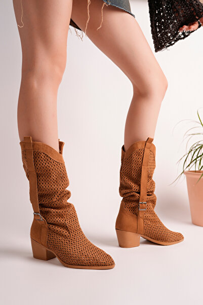 RoseVeno Women's Tan Suede Laser Cut Summer Boots - (Large Size - Order 1 Siz...