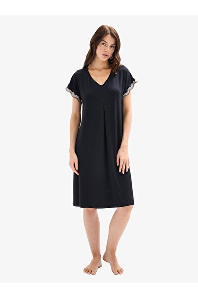 Blackspade Women's Short Sleeve V-Neck Black Micro Modal Nightgown C4T0N025