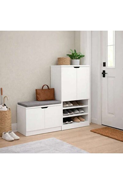 PAN HOME Stens Shoe Rack 24 Pairs With Bench - White