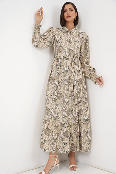 Merterium Women's Belted Hijab Dress 1511 - Beige