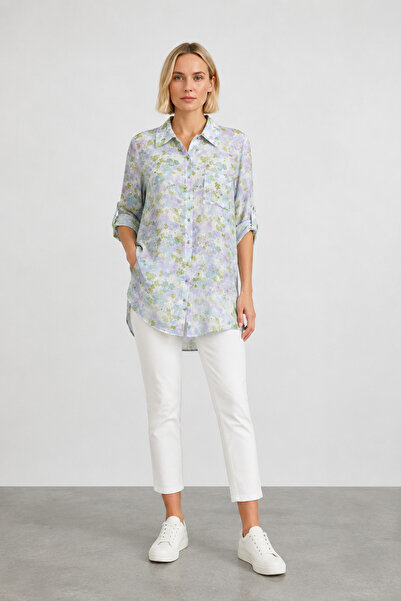 bihan store Women's Floral Patterned Oversize Shirt-1142 - Green