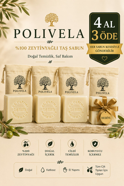 %100 Zeytinyağlı Doğal Taş Sabun 120 g – Kese Hediyeli | 4 Al 3 Öde