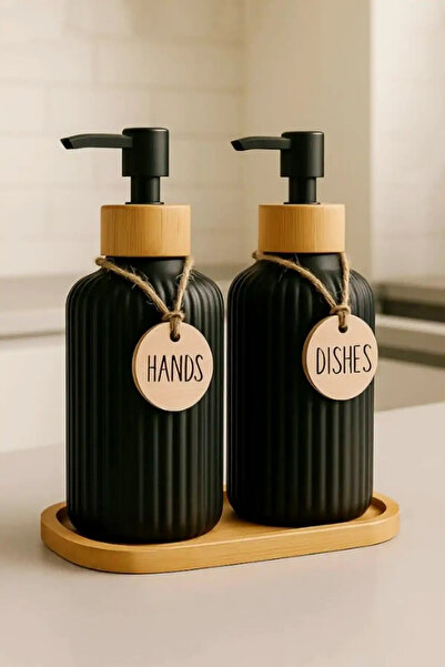 Generic Brand Set of 2 Glass Liquid Soap Dispensers 500 ml with Bamboo Stand Black Kitchen Detergent Dispenser and Hand Soap Dispenser Decorative Bathroom Organizer