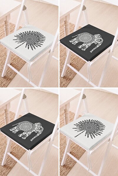 Home Set of 4 Black and White Mandala Elephant and Feather Motif Lace-Up Chai...