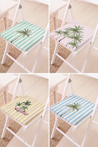 Home Set of 4 Striped Palm Tree Patterned Lace-Up Chair Cushions Balcony Cush...