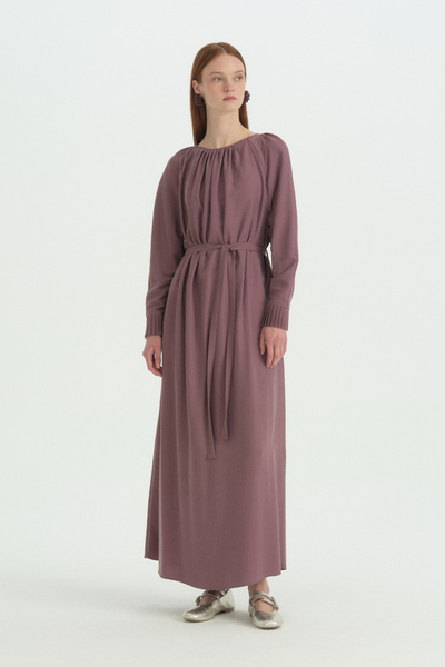 Nihan Ribbed Detail Lyocell Dress - Plum