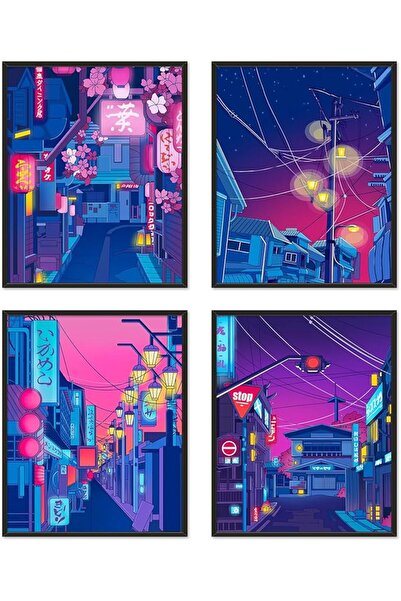 ESSESORIES Japanese Anime Tokyo Streets in Poster Wall Art Set of 4 Room Deco...