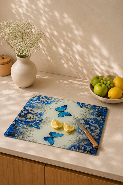 Cam Kesme Tahtası Desenli 25x35 cm Kaydırmaz Ayaklı | Dekoratif Cam Sunum ve Kesim Tahtası