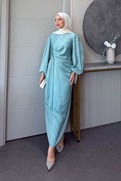 Hazamoda Hasret Satin Evening Dress Water Green