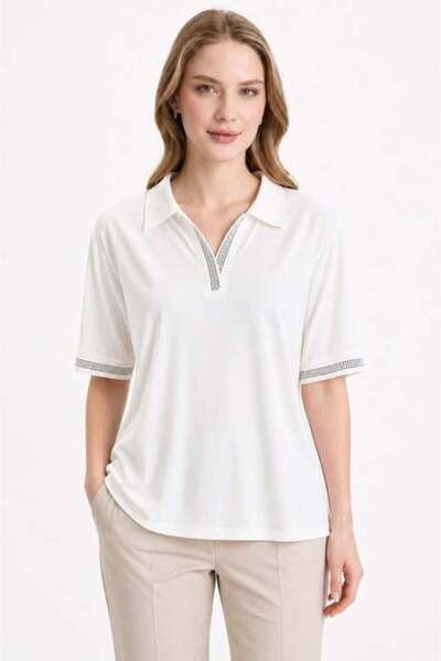 Mutlu Ertan Women's Polo Collar Stone-Embellished Bluz 30496-Ecru