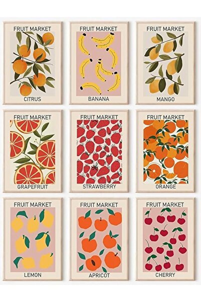 ESSESORIES Fruit Market Kitchen Poster Wall Art Set of 9 Room Decor Self Adhe...