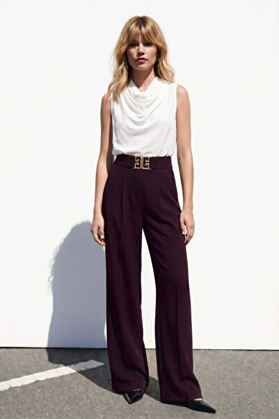 Sateen Wide Leg Pants with Waist Accessories - Plum