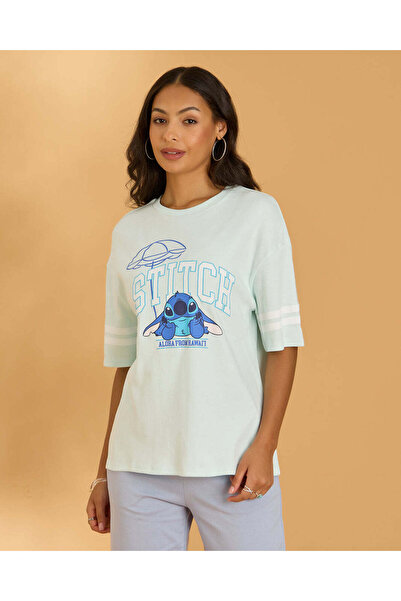 REDTAG Women Mint Stitch Graphic Oversized T-shirt