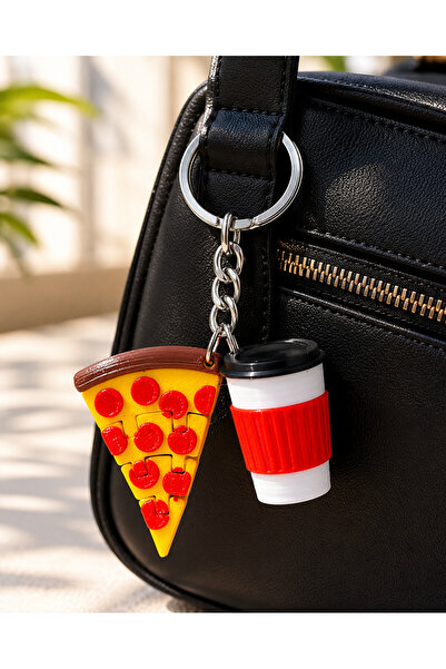 Eyiser Store Animated Pizza and Coffee Themed 2-Piece Bag Charm - Premium Dur...