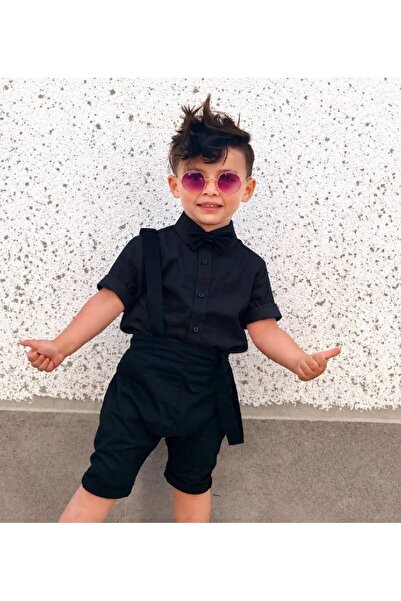 favorimkids Boy's Black Shirt Bow Tie Suspender Salopet Suit