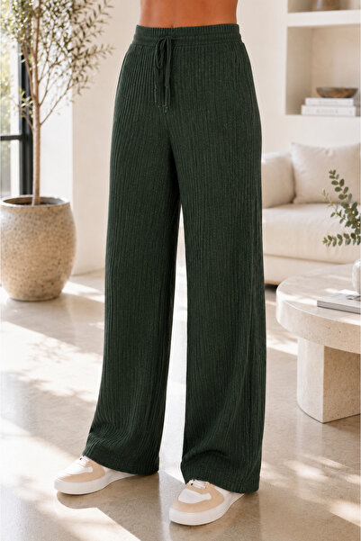 BAHNUR Emerald Green Slim Ribbed, Lace-Up High Waist Wide Leg Women's Pants