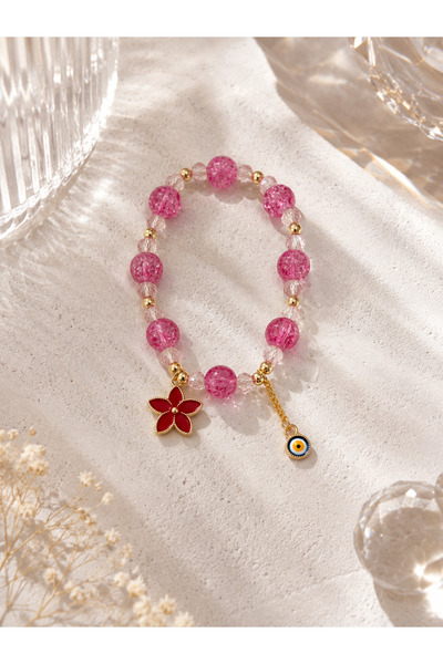 Lilith Takı Pink Beaded Flower Detailed Evil Eye Beaded Women's Bracelet – El...