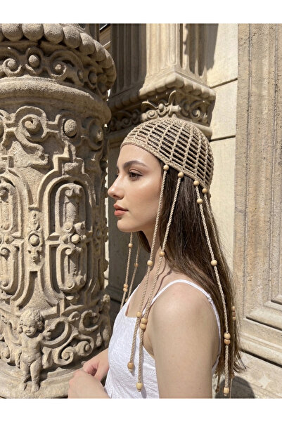 HÜMANATURAL Beige Women's Hand Knitted Beaded Head Accessory Bohemian Bandana...