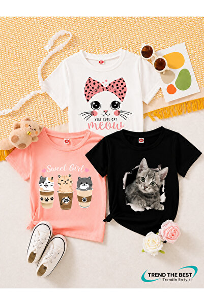 TREND THE BEST Trendin En İyisi Set de 3 tricouri pentru fete cu imprimeu Pis...