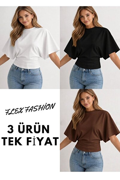 FLEX FASHION 3-Piece Women's Waist-Fitted, Wide-Sleeve Top Blouse