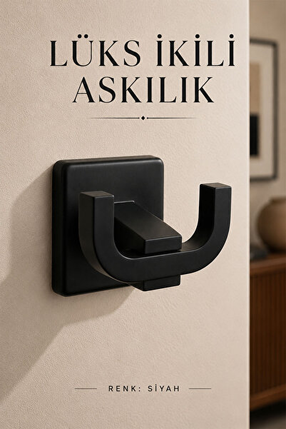 Badem10 Lüks Siyah Metal İkili Askılık Duvara Monte Banyo Havlu Elbise Antre ...