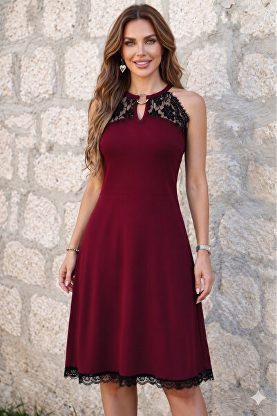 Viyamo New Season Women's Off-The-Shoulder Lace Midi Viscose Dress with Ring ...
