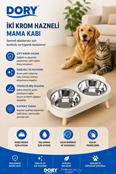 Dory İki Krom Hazneli Plastik Mama Su Kabı Beyaz