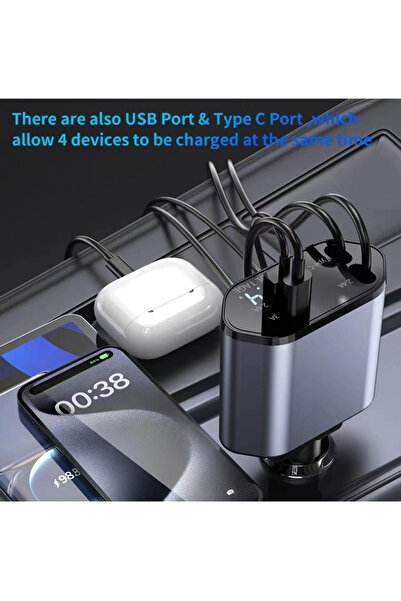Generic Brand شاحن سيارة قابل للسحب بـ 4 منافذ، 120 واط، شحن سريع، محول USB من النوع C للسيارة مع شاشة عرض رقمية للجهد لشحن الأجهزة المحمولة في السيارة
